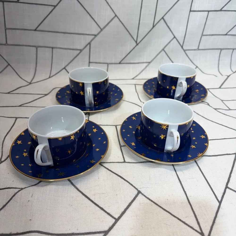 Sakura Galaxy Espresso Cup Saucer Set 4 Blue Gold Stars Celestial Porcelain